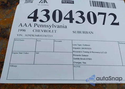 1996 Chevrolet Suburban K1500 from USA, damaged, VIN 1GNFK16R4TJ367215